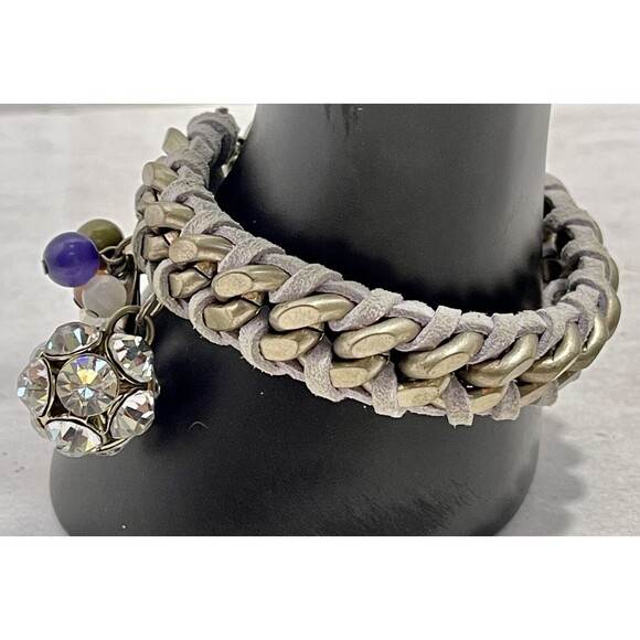 Gray Braided Leather Stainless Steel Cuban Chain Women’s Charm Love Bracelet - Picture 4 of 8